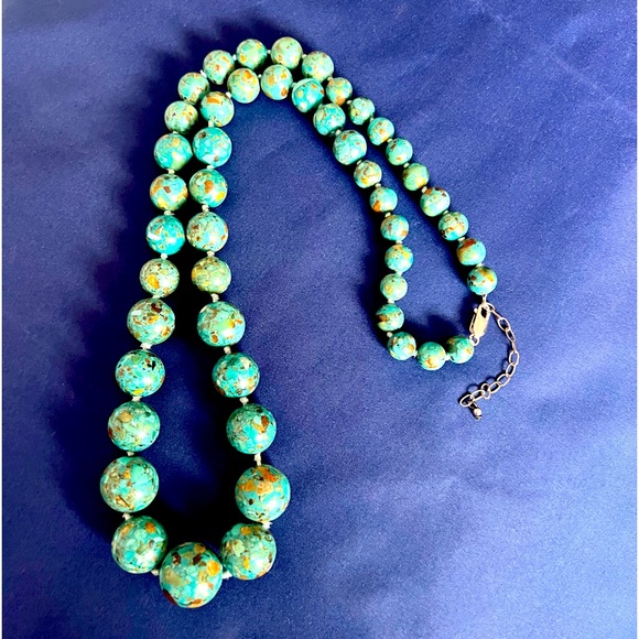 ALUMA IL Marbled Mosaic Teal Green Graduated Bead Necklace Hand Knotted EUC - Picture 3 of 7